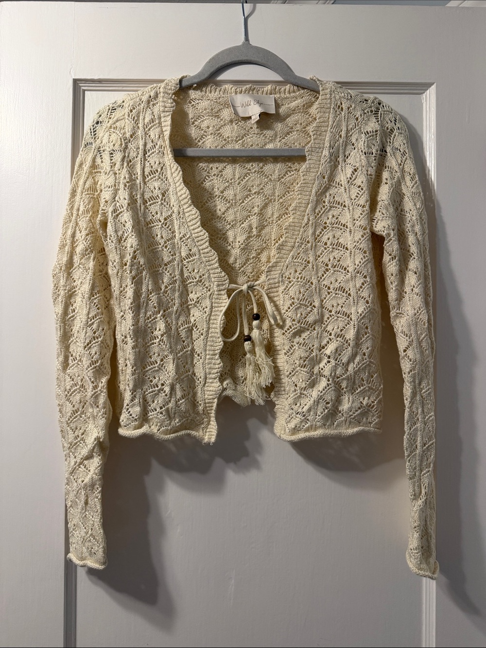 Open-Knit Tie-Front Cardigan in Light Cream